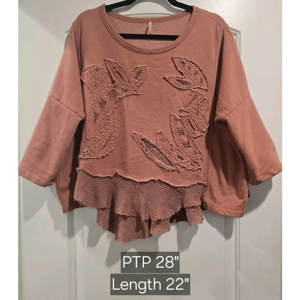 Free People‎ Rainforest French Terry Pullover Mauve Embroidered Oversized EUC XS